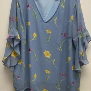 BloomChic Floral V-Neck Blouse - Light Blue with Yellow and Purple Flowers
